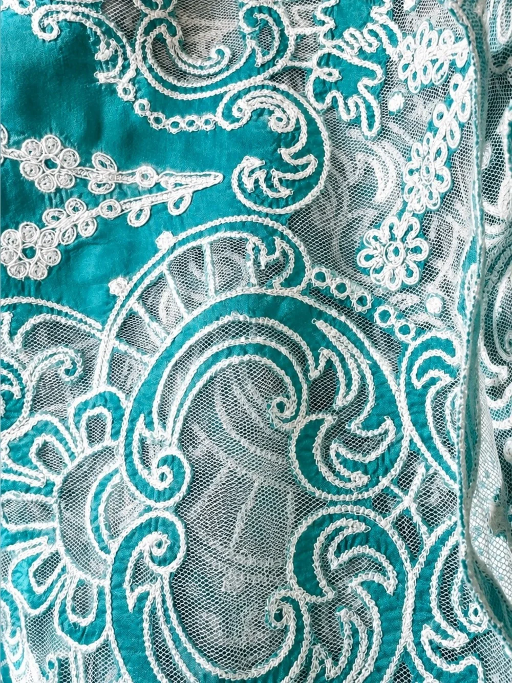 Sea Green 100% Silk Tunic Beige Embroidered Boho Resort Top Medium